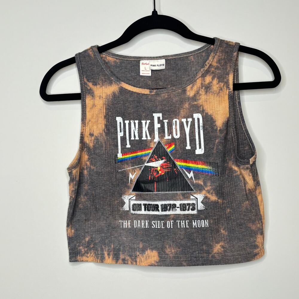 Y2K Grunge Pink Floyd Dark Side of the Moon Bleach Wash Ribbed Crop Tank Top L